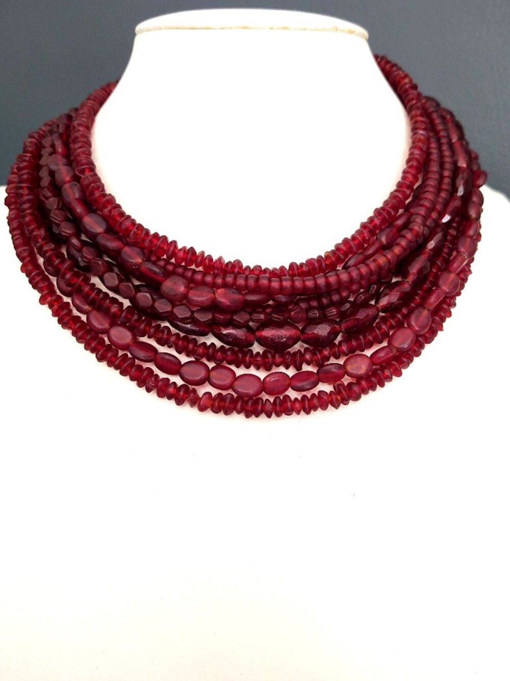 Vintage multi strand layered various red glass beaded necklace